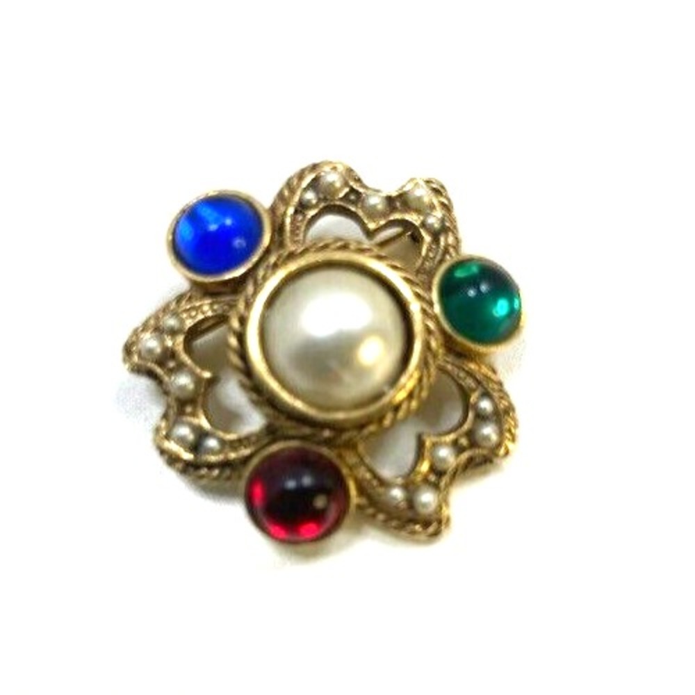Estate Scalloped Clover Faux Pearl Multi Cabochon Antique Gold Tone Brooch Pin